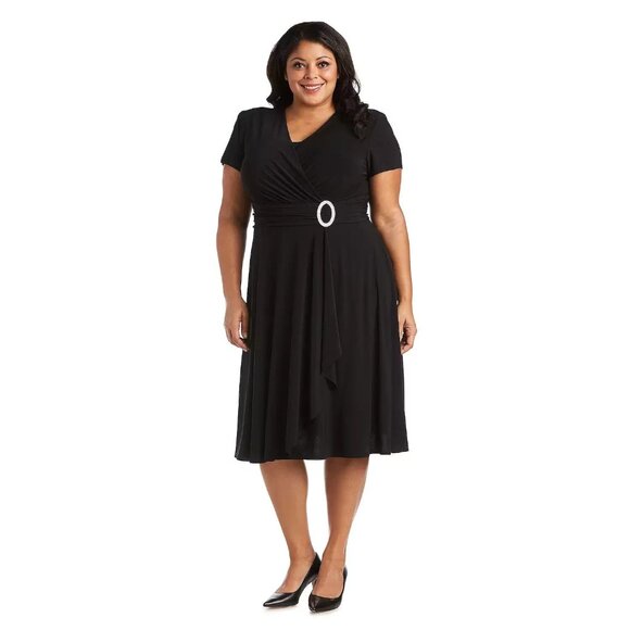 R&M Richards Cascade Jersey Dress W/ Brooch Plus Size 22W Black MSRP $79 - Picture 1 of 3